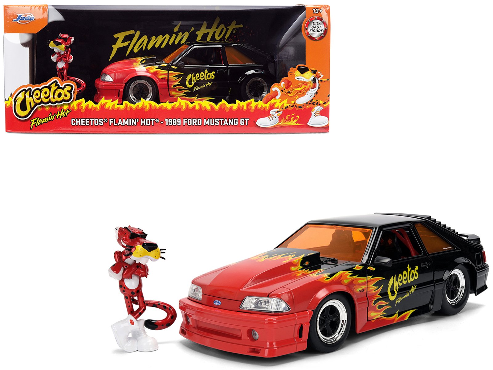 1989 ford mustang gt black with red flame graphics and chester cheetah diecast figure "cheetos flamin' hot" "hollywood rides" series 1/24 diecast model car by jada 1989 ford mustang gt black with red flame graphics and chester cheetah diecast figure "cheetos flamin' hot" "hollywood rides" series 1/24 diecast model car by jada