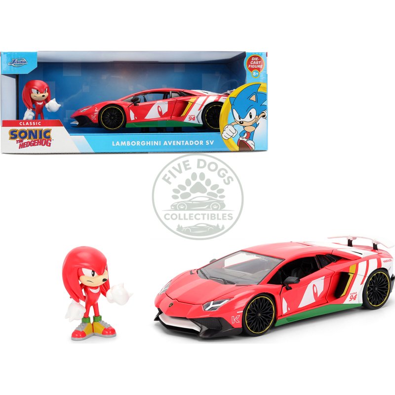 lamborghini aventador sv red with graphics and knuckles diecast figure "sonic the hedgehog" franchise "hollywood rides" series 1/24 diecast model by jada