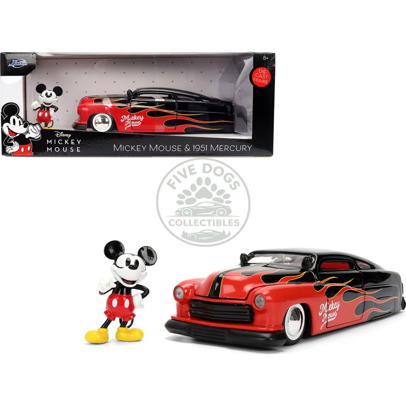 1951 mercury coupe black with flame graphics and red interior and mickey mouse diecast figure "disney's mickey mouse" "hollywood rides" series 1/24 diecast model car by jada