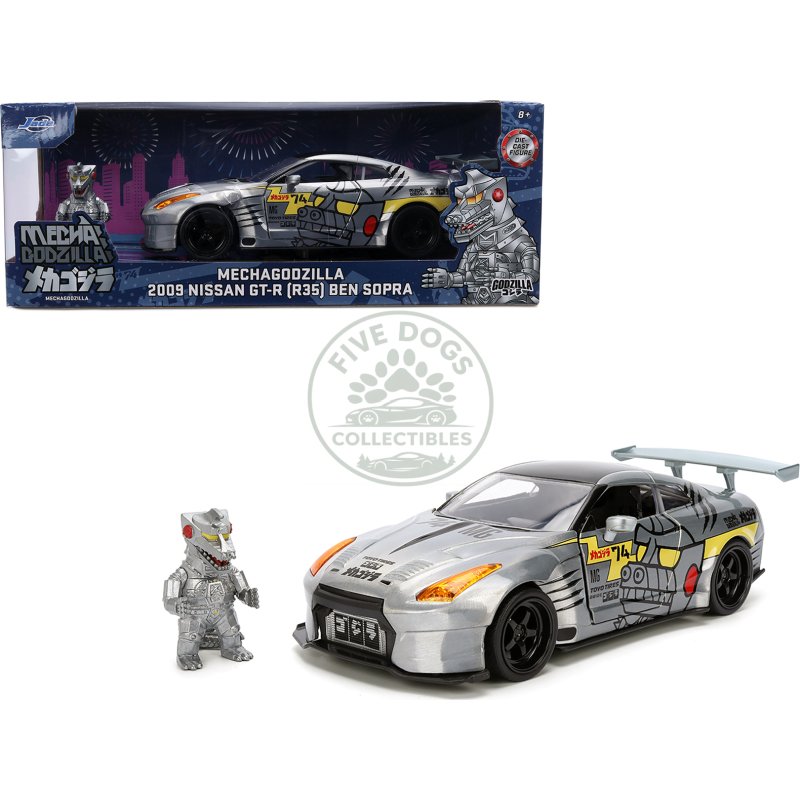 2009 nissan gt r (r35) ben sopra brushed metal with black top and graphics and mechagodzilla diecast figure "godzilla" franchise "anime hollywood rides" series 1/24 diecast model by jada