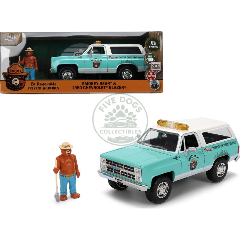 1980 chevrolet blazer light green with white top and graphics and smokey bear diecast figure "smokey bear" "hollywood rides" series 1/24 diecast model by jada