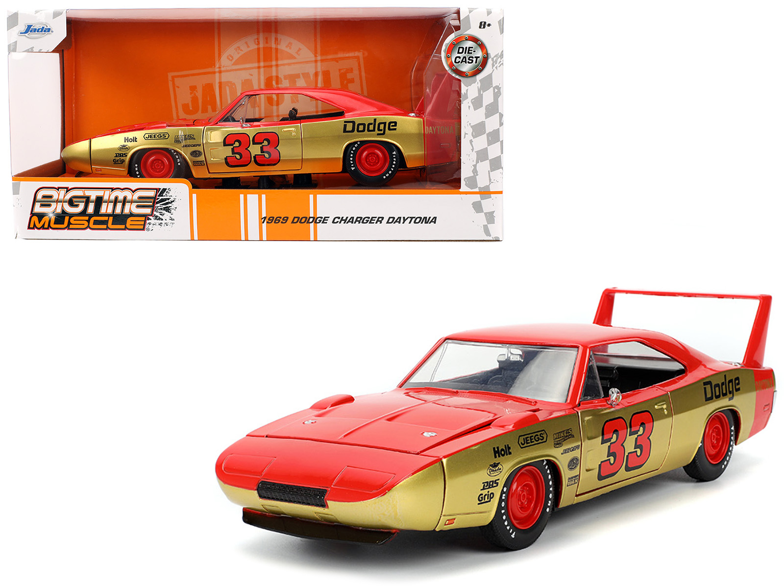 1969 dodge charger daytona #33 red and gold metallic with graphics "bigtime muscle" series 1/24 diecast model car by jada 1969 dodge charger daytona #33 red and gold metallic with graphics "bigtime muscle" series 1/24 diecast model car by jada