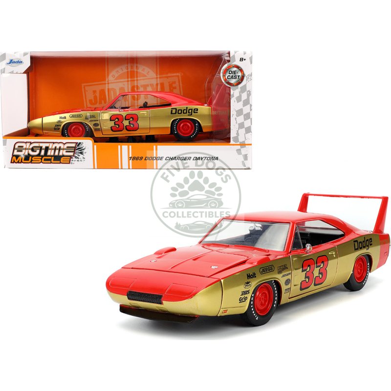1969 dodge charger daytona #33 red and gold metallic with graphics "bigtime muscle" series 1/24 diecast model car by jada