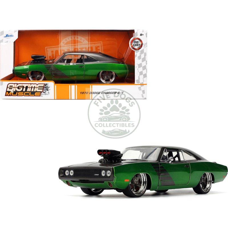 1970 dodge charger r/t dark gray metallic and green metallic with dark gray stripes "bigtime muscle" series 1/24 diecast model car by jada