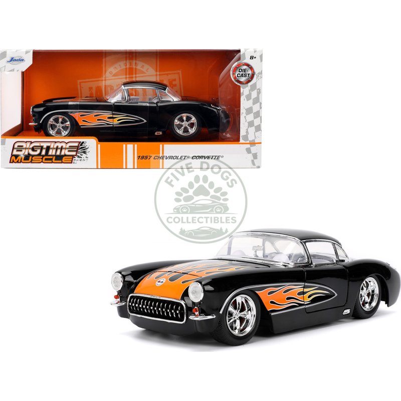 1957 chevrolet corvette black with flame graphics and white interior "bigtime muscle" series 1/24 diecast model car by jada