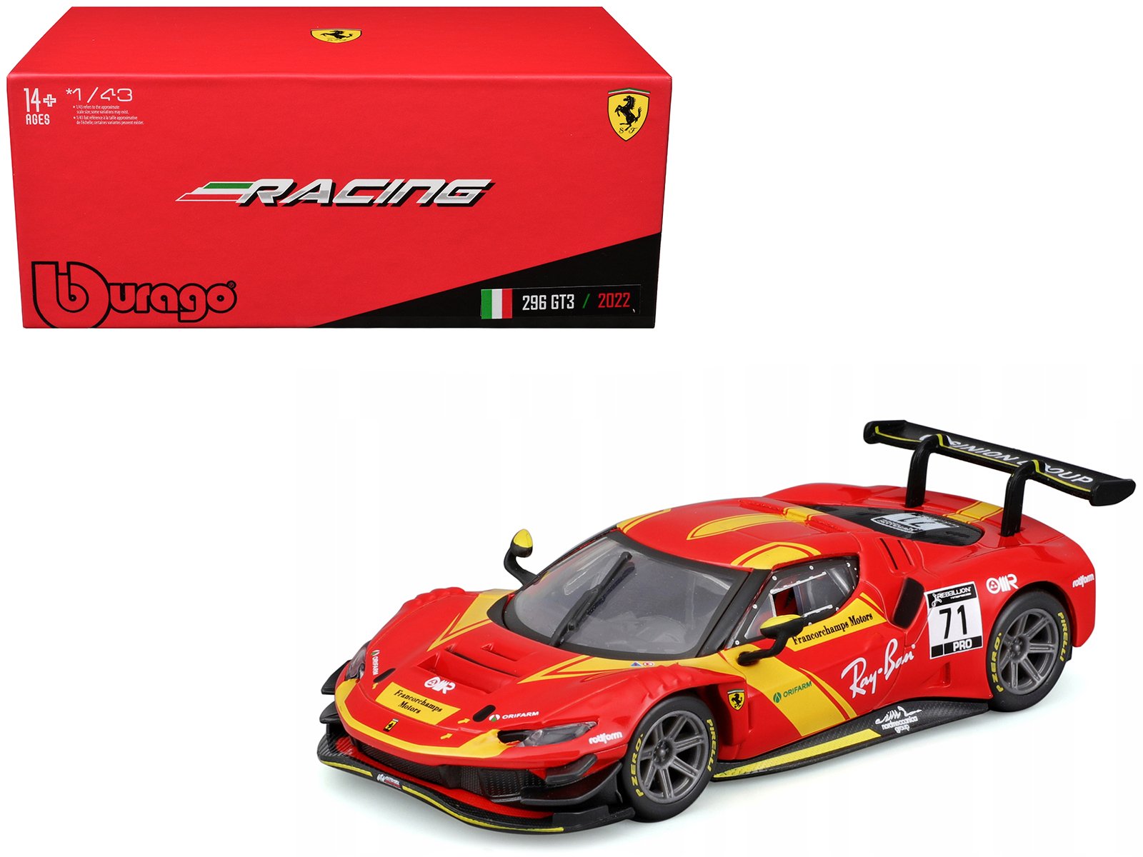 ferrari 296 gt3 #71 red "francorchamps motors" (2022) "racing" series with display case 1/43 diecast model car by bburago ferrari 296 gt3 #71 red "francorchamps motors" (2022) "racing" series with display case 1/43 diecast model car by bburago