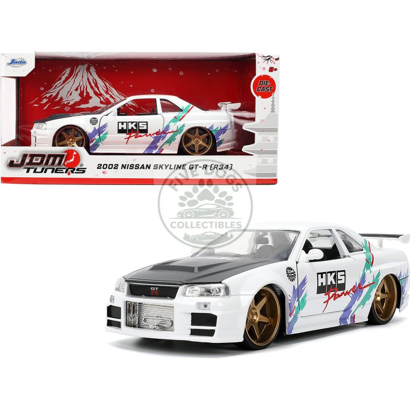 2002 nissan skyline gt r (r34) rhd (right hand drive) "hks power" white with carbon hood and graphics "jdm tuners" series 1/24 diecast model car by jada