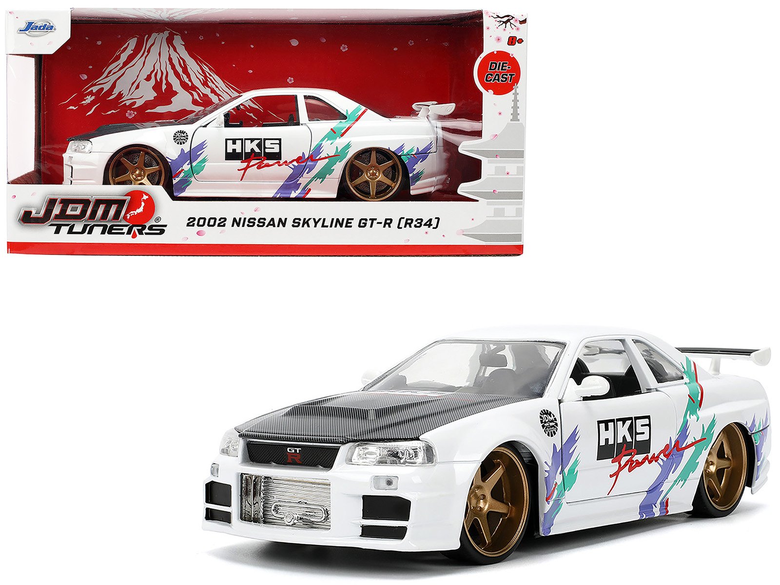 2002 nissan skyline gt r (r34) rhd (right hand drive) "hks power" white with carbon hood and graphics "jdm tuners" series 1/24 diecast model car by jada 2002 nissan skyline gt r (r34) rhd (right hand drive) "hks power" white with carbon hood and graphics "jdm tuners" series 1/24 diecast model car by jada