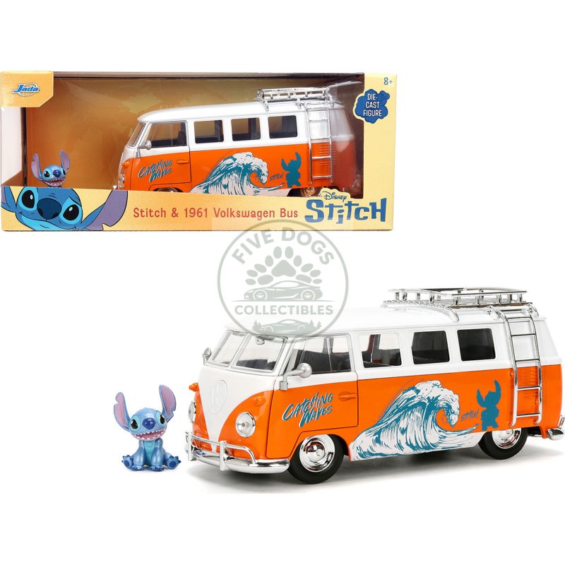 1961 volkswagen bus "catching waves" white and orange with stich diecast figure "disney's stitch" "hollywood rides" series 1/24 diecast model by jada