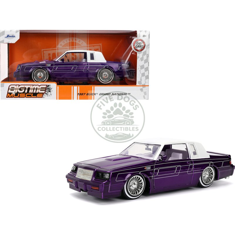 1987 buick grand national candy purple with graphics and white top and interior "bigtime muscle" series 1/24 diecast model car by jada