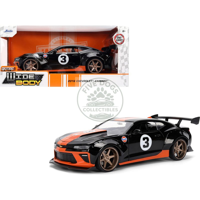 2016 chevrolet camaro #3 "gulf oil" black with orange stripe "wide body" series 1/24 diecast model car by jada