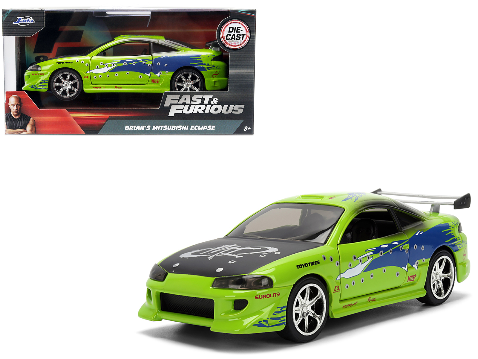 brian's mitsubishi eclipse green with graphics (damaged version) "the fast and the furious" (2001) movie "fast & furious" series 1/32 diecast model car by jada brian's mitsubishi eclipse green with graphics (damaged version) "the fast and the furious" (2001) movie "fast & furious" series 1/32 diecast model car by jada