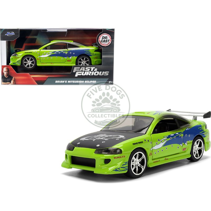 brian's mitsubishi eclipse green with graphics (damaged version) "the fast and the furious" (2001) movie "fast & furious" series 1/32 diecast model car by jada