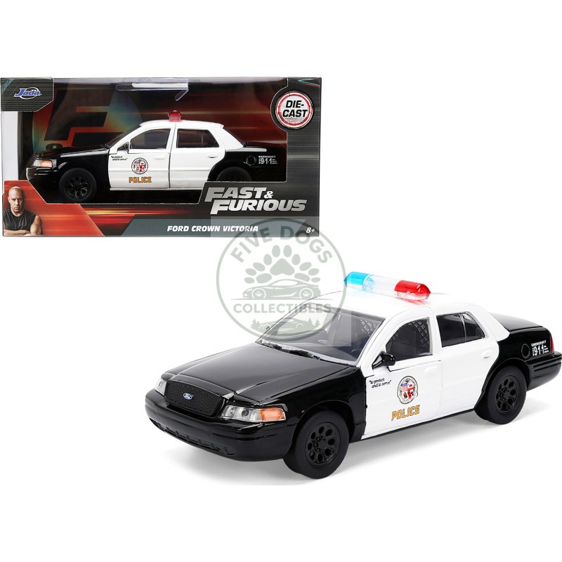 ford crown victoria "lapd (los angeles police department) black and white "the fast and the furious" (2001) movie "fast & furious" series 1/32 diecast model car by jada