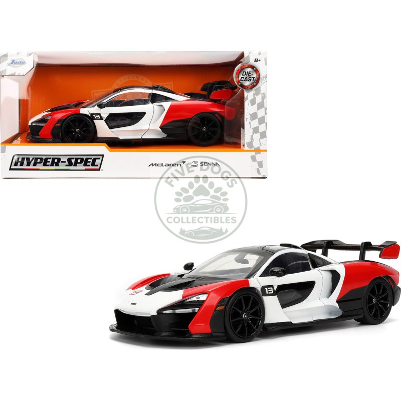 mclaren senna red and white with carbon hood and top "hyperspec" series 1/24 diecast model car by jada