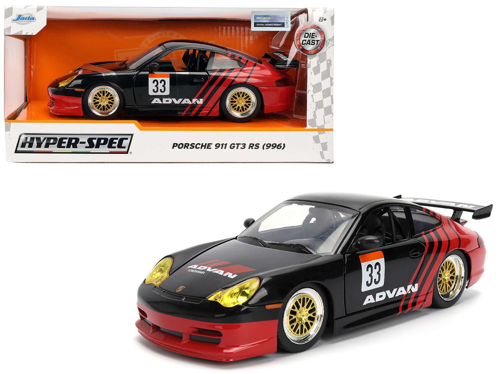 porsche 911 gt3 rs (996) #33 "advan" black and red "hyper spec" series 1/24 diecast model car by jada porsche 911 gt3 rs (996) #33 "advan" black and red "hyper spec" series 1/24 diecast model car by jada