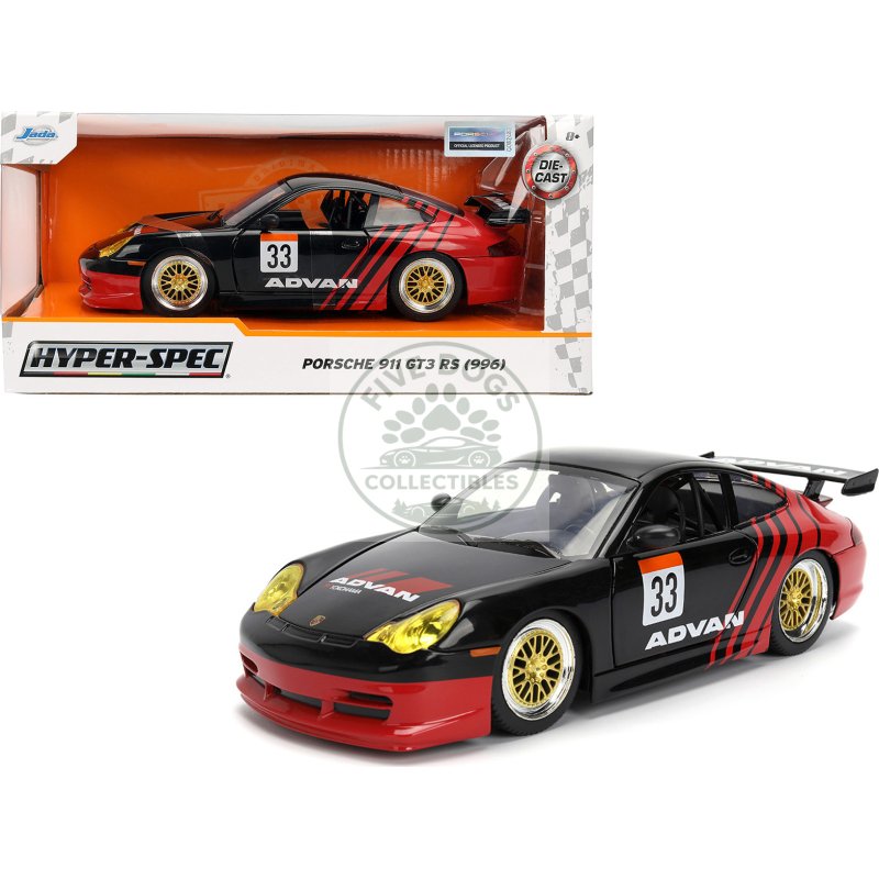 porsche 911 gt3 rs (996) #33 "advan" black and red "hyper spec" series 1/24 diecast model car by jada