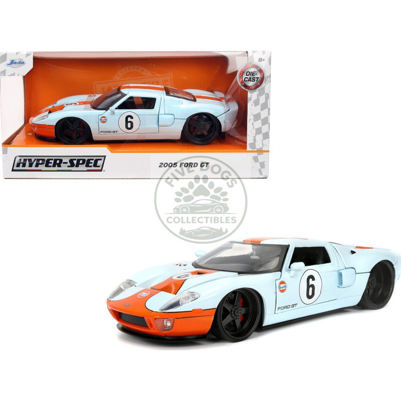 2005 ford gt #6 "gulf oil" light blue with orange stripes "hyper spec" series 1/24 diecast model car by jada
