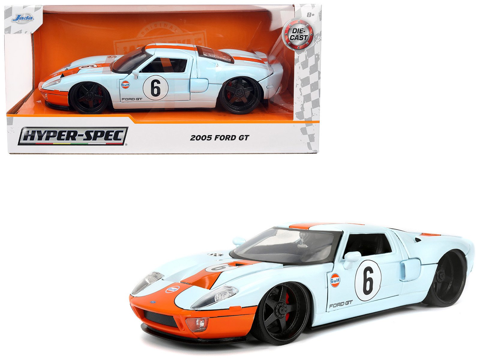 2005 ford gt #6 "gulf oil" light blue with orange stripes "hyper spec" series 1/24 diecast model car by jada 2005 ford gt #6 "gulf oil" light blue with orange stripes "hyper spec" series 1/24 diecast model car by jada