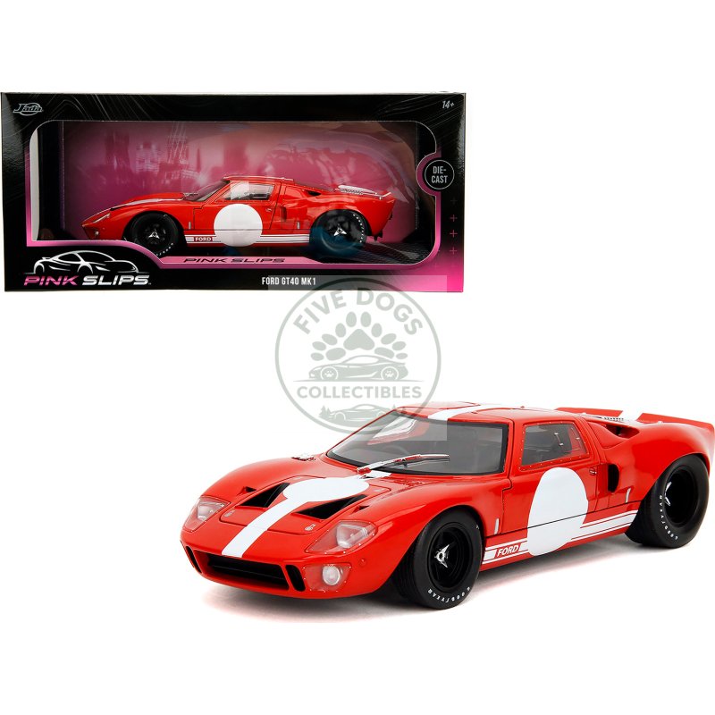ford gt40 mk1 red with white stripes and graphics "pink slips" series 1/18 diecast model car by jada