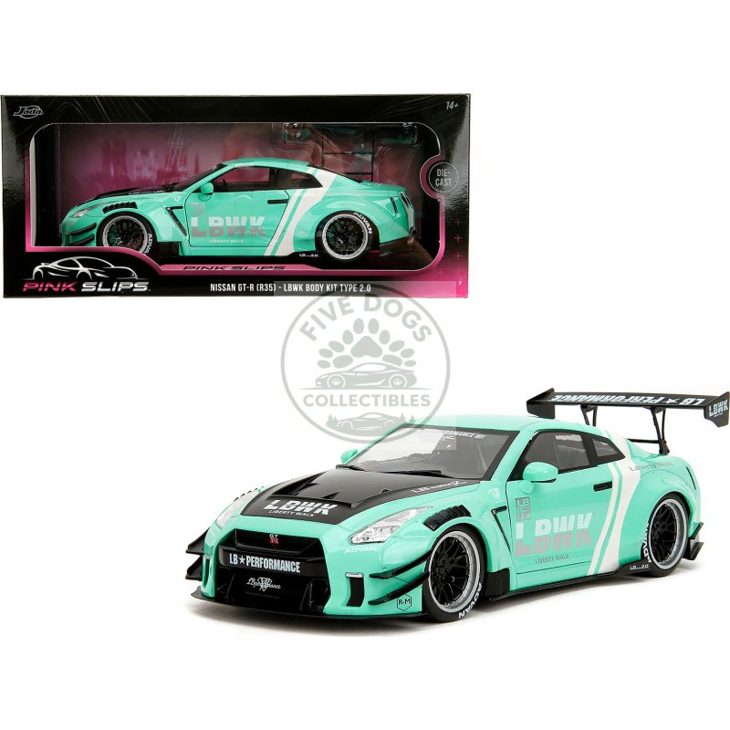 nissan gt r (r35) liberty walk body kit 2.0 rhd (right hand drive) light blue with black hood and white stripes "pink slips" series 1/18 diecast model car by jada