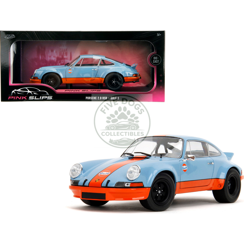 porsche 911 rsr "gulf oil" light blue with orange stripes "pink slips" series 1/18 diecast model car by jada
