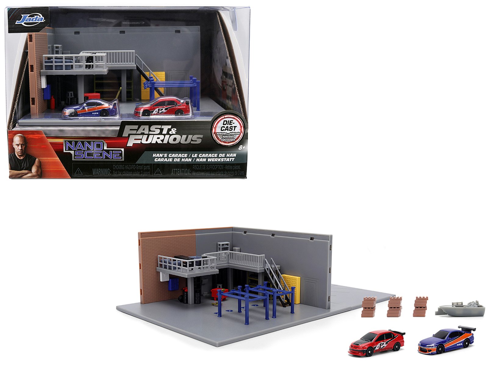"fast & furious" han's garage diorama with 2 cars and accessories "nano scene" series 1/32 model by jada "fast & furious" han's garage diorama with 2 cars and accessories "nano scene" series 1/32 model by jada