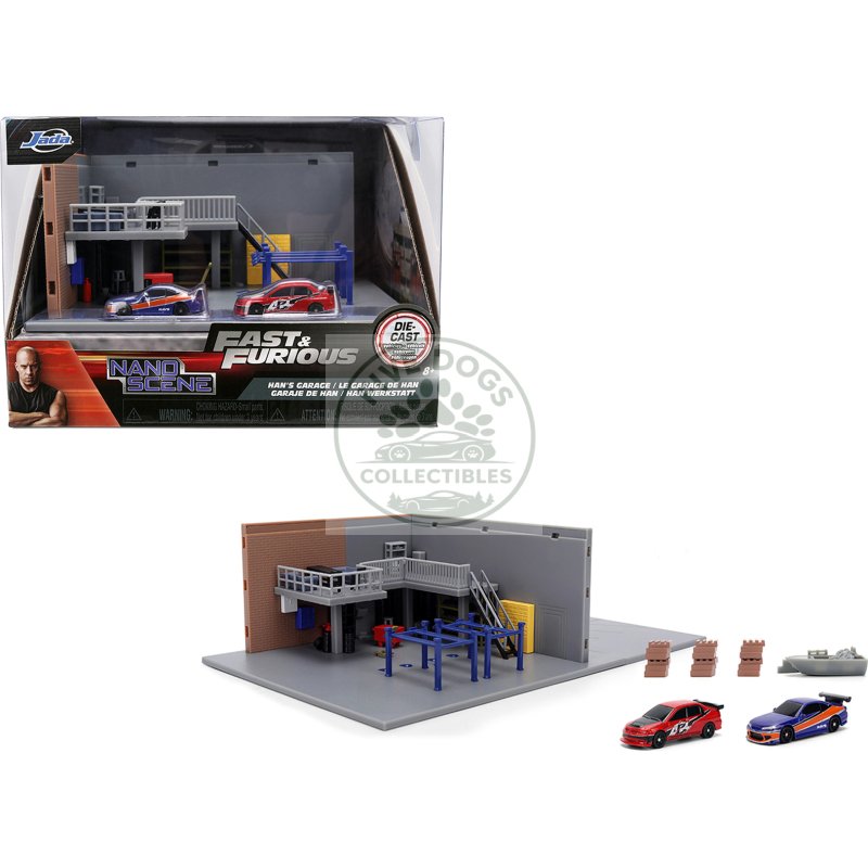"fast & furious" han's garage diorama with 2 cars and accessories "nano scene" series 1/32 model by jada