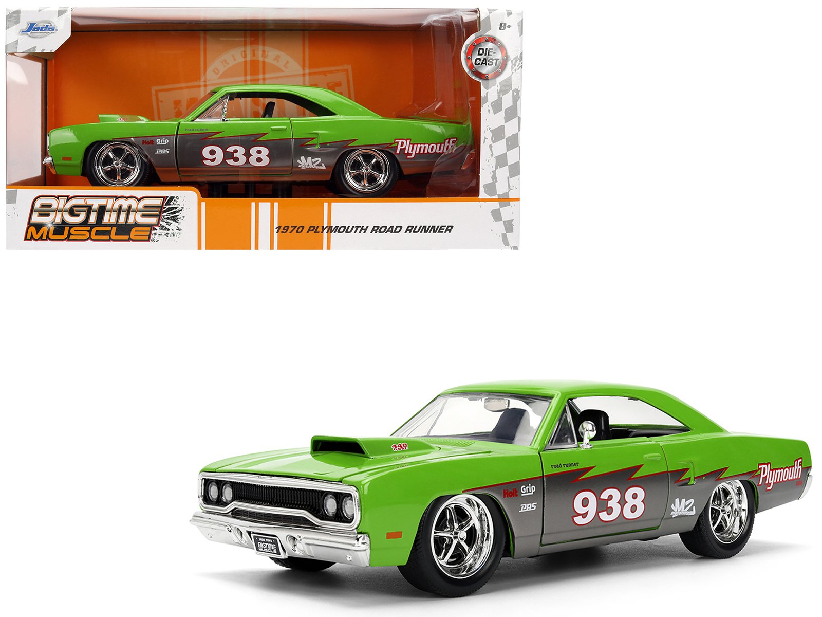 1970 plymouth road runner #938 green and gray metallic "bigtime muscle" series 1/24 diecast model car by jada 1970 plymouth road runner #938 green and gray metallic "bigtime muscle" series 1/24 diecast model car by jada