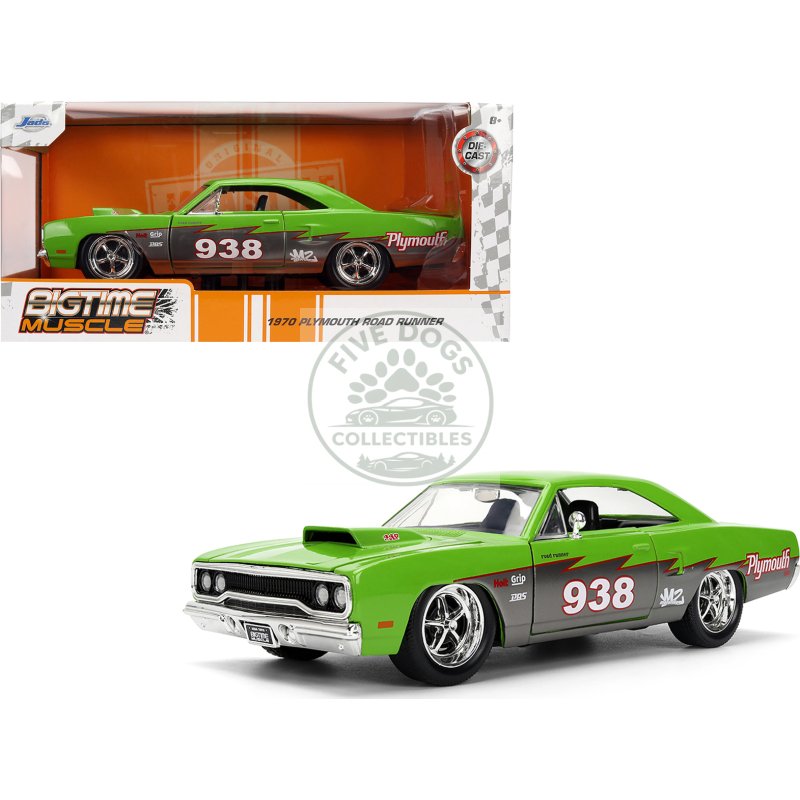 1970 plymouth road runner #938 green and gray metallic "bigtime muscle" series 1/24 diecast model car by jada