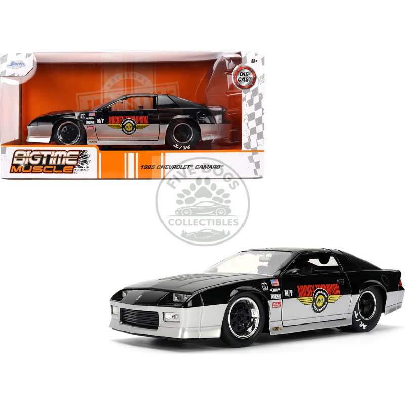 1985 chevrolet camaro z28 "mickey thompson" black and silver metallic "bigtime muscle" series 1/24 diecast model car by jada