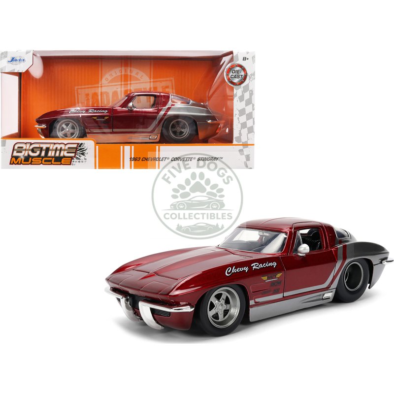 1963 chevrolet corvette stingray "chevy racing" red metallic and gray "bigtime muscle" series 1/24 diecast model car by jada