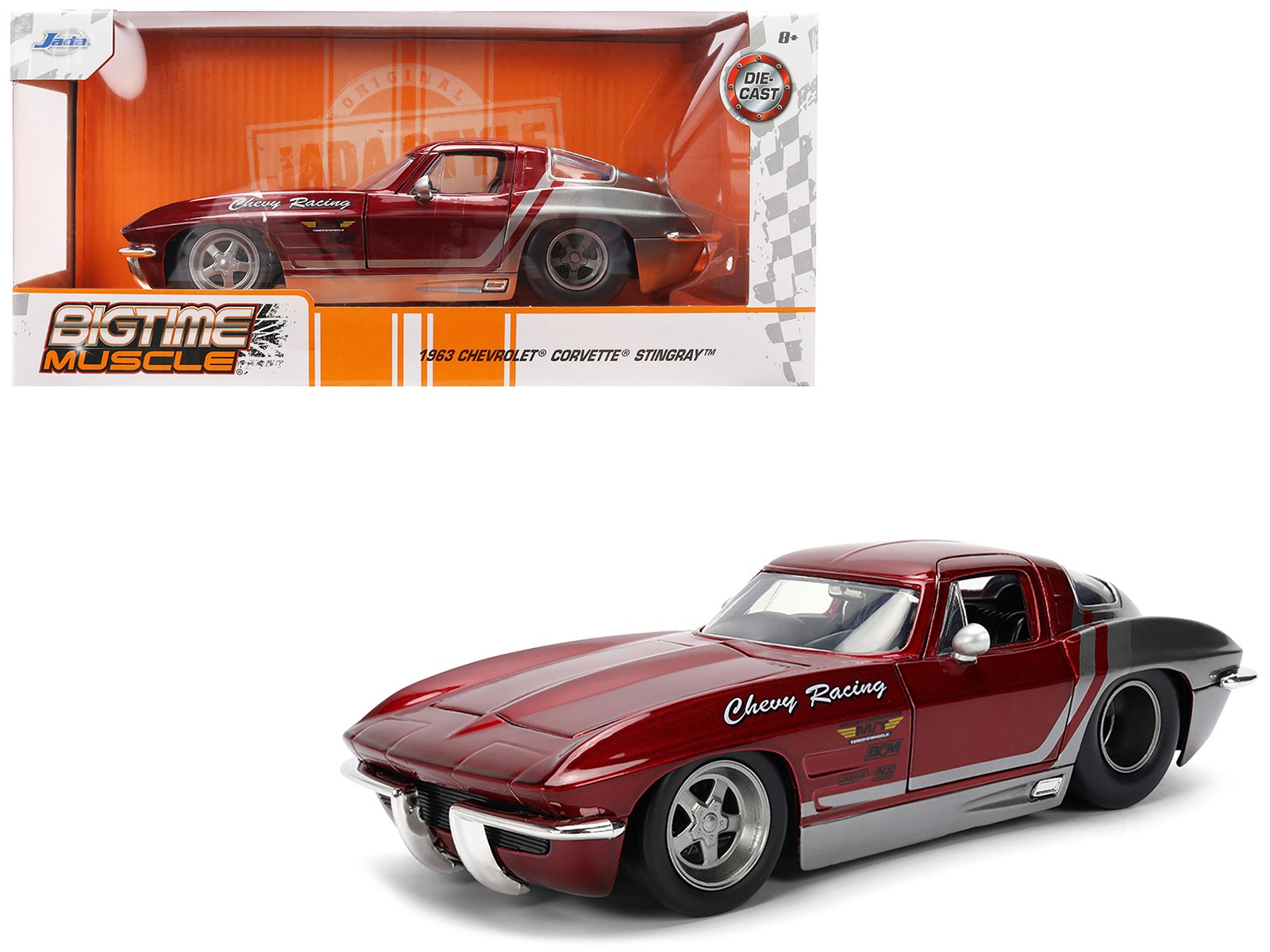 1963 chevrolet corvette stingray "chevy racing" red metallic and gray "bigtime muscle" series 1/24 diecast model car by jada 1963 chevrolet corvette stingray "chevy racing" red metallic and gray "bigtime muscle" series 1/24 diecast model car by jada