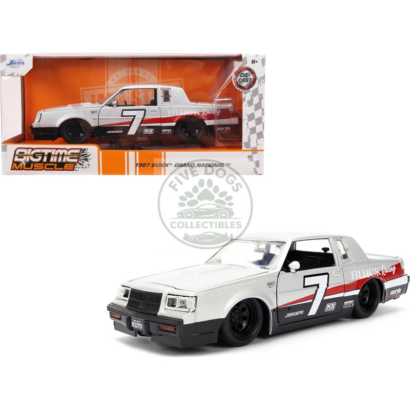 1987 buick grand national #7 "buick racing" matt silver metallic with red and black stripes "bigtime muscle" series 1/24 diecast model by jada