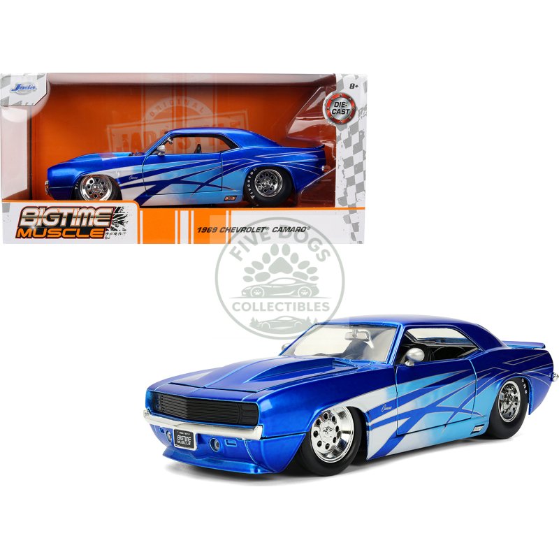 1969 chevrolet camaro candy blue with graphics "bigtime muscle" series 1/24 diecast model car by jada