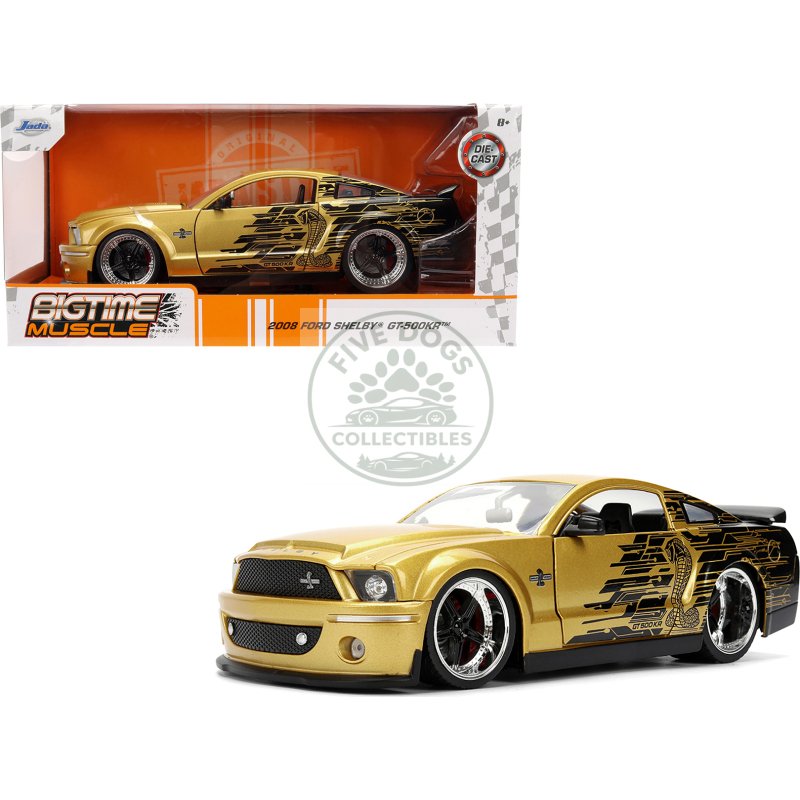 2008 ford shelby mustang gt 500kr gold metallic and black with graphics "bigtime muscle" series 1/24 diecast model car by jada