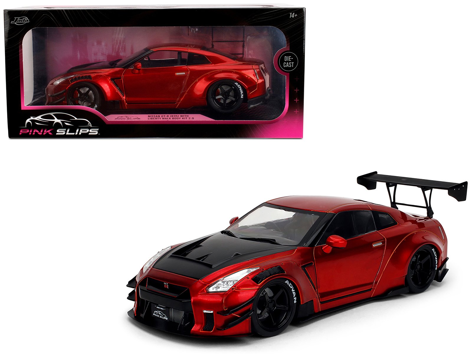 nissan gt r (r35) liberty walk body kit 2.0 rhd (right hand drive) red metallic with carbon hood "pink slips" series 1/18 diecast model car by jada nissan gt r (r35) liberty walk body kit 2.0 rhd (right hand drive) red metallic with carbon hood "pink slips" series 1/18 diecast model car by jada