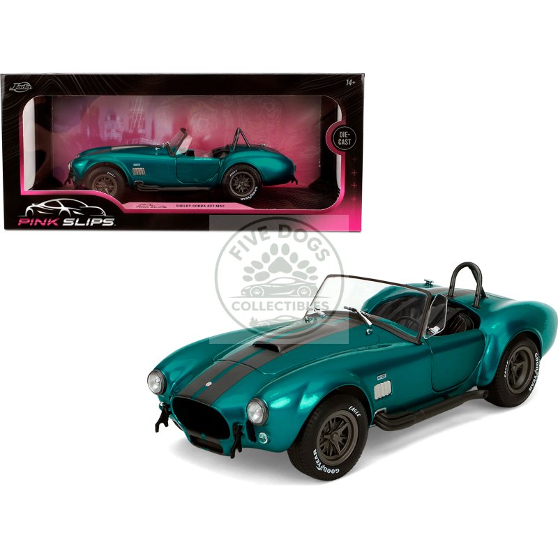 shelby cobra 427 mkii teal metallic with gray stripes "pink slips" series 1/18 diecast model car by jada