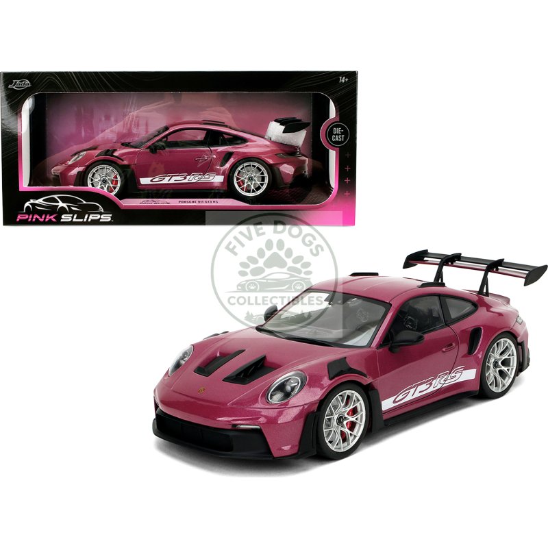 porsche 911 gt3 rs red violet metallic with white stripes "pink slips" series 1/18 diecast model car by jada