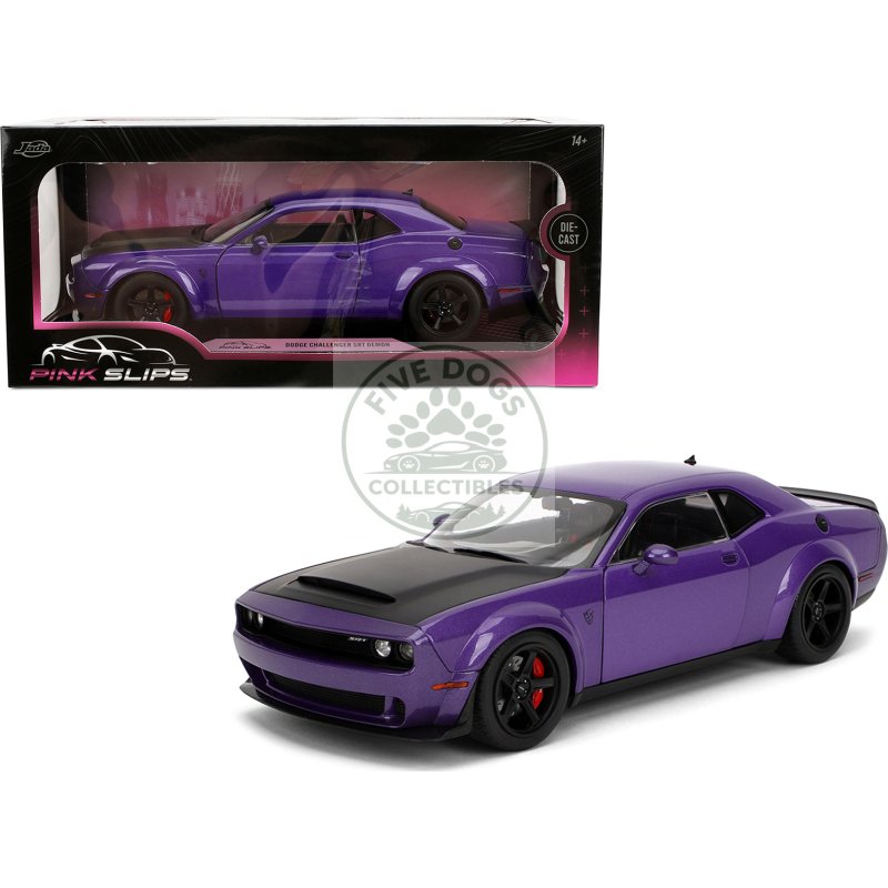 dodge challenger srt demon purple metallic with matt black hood "pink slips" series 1/18 diecast model car by jada