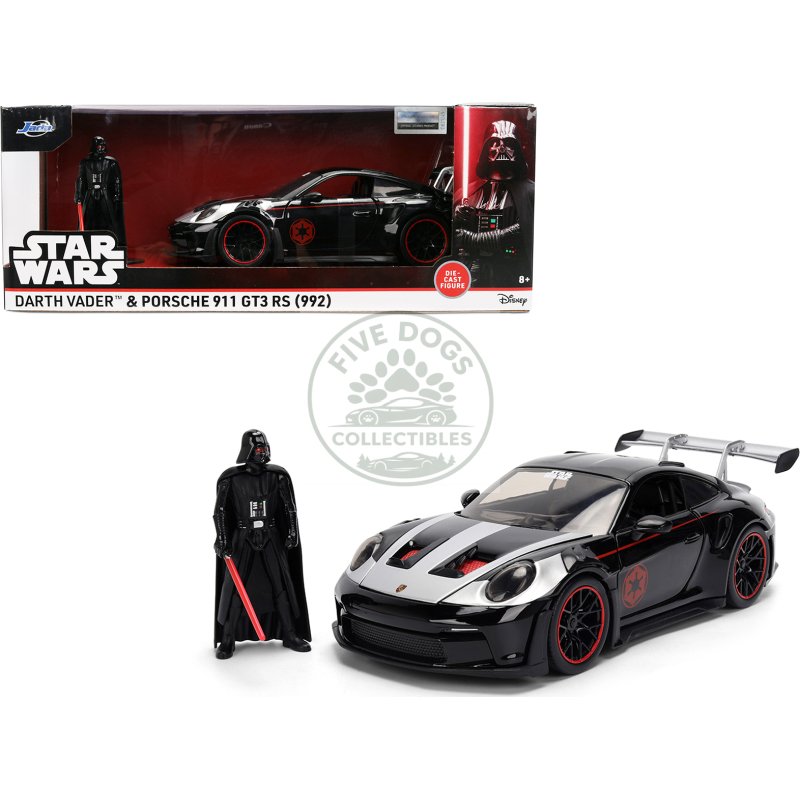porsche 911 gt3 rs (992) black with silver hood and graphics and darth vader figure "star wars" franchise "hollywood rides" series 1/24 diecast model car by jada