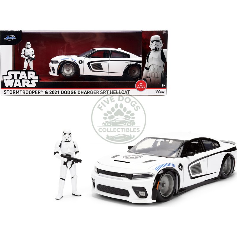 2021 dodge charger srt hellcat white with graphics and stormtrooper figure "star wars" franchise "hollywood rides" series 1/24 diecast model car by jada