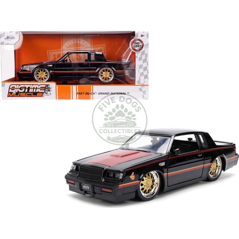 1987 buick grand national black with matt red hood and stripes "bigtime muscle" series 1/24 diecast model car by jada