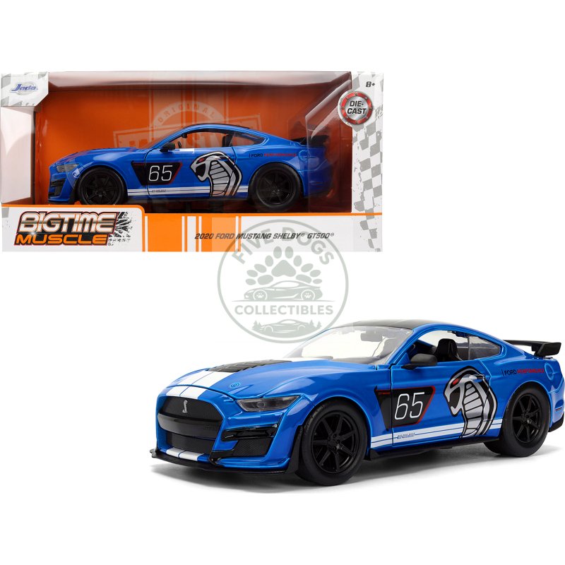 2020 ford mustang shelby gt500 #65 "ford performance" blue with black top and white stripes "bigtime muscle" series 1/24 diecast model car by jada