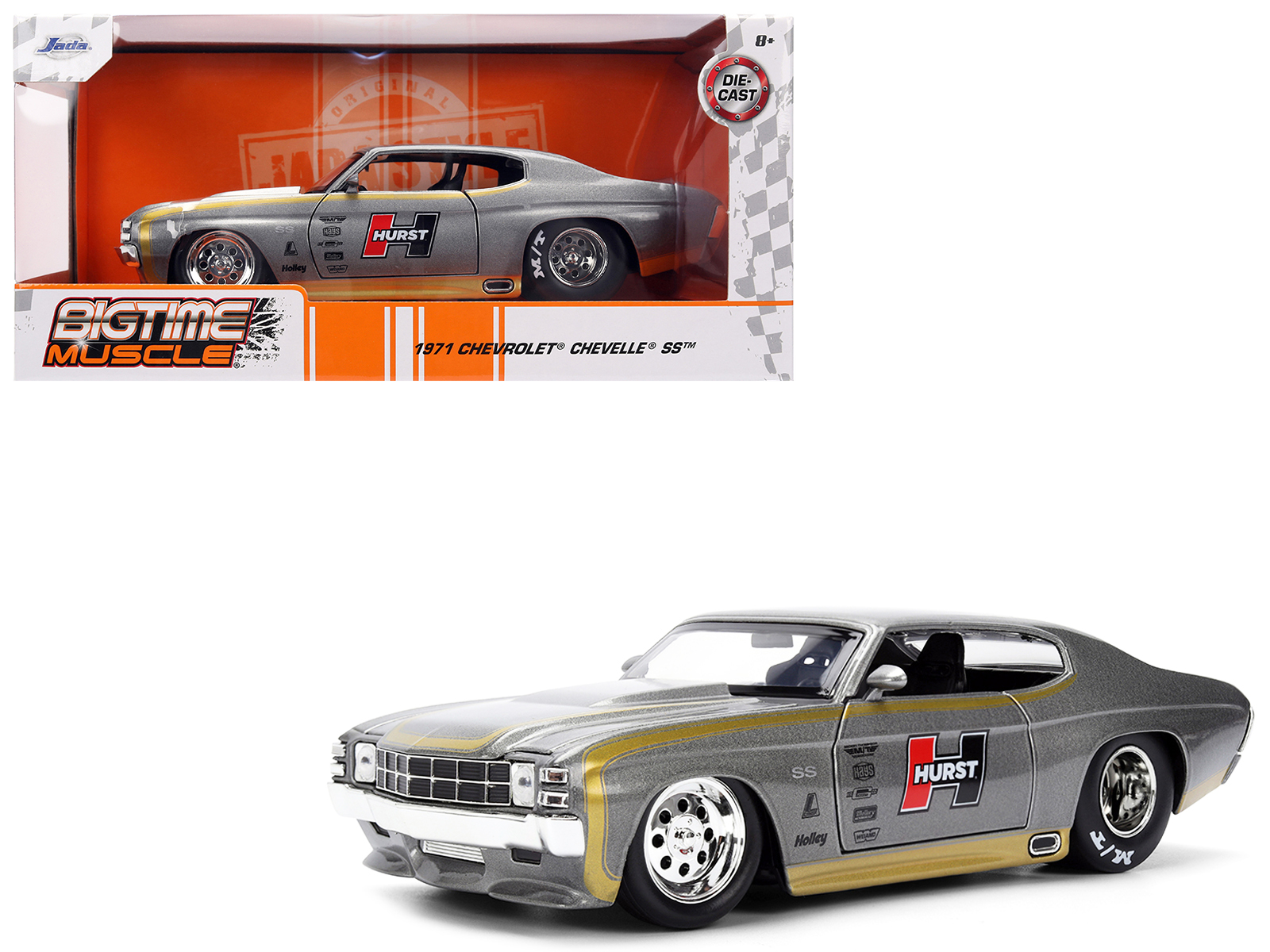 1971 chevrolet chevelle ss "hurst" gray metallic with gold stripes "bigtime muscle" series 1/24 diecast model car by jada 1971 chevrolet chevelle ss "hurst" gray metallic with gold stripes "bigtime muscle" series 1/24 diecast model car by jada