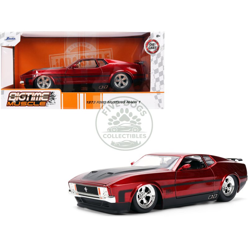 1973 ford mustang mach 1 red metallic with matt black hood and black stripes "bigtime muscle" series 1/24 diecast model car by jada