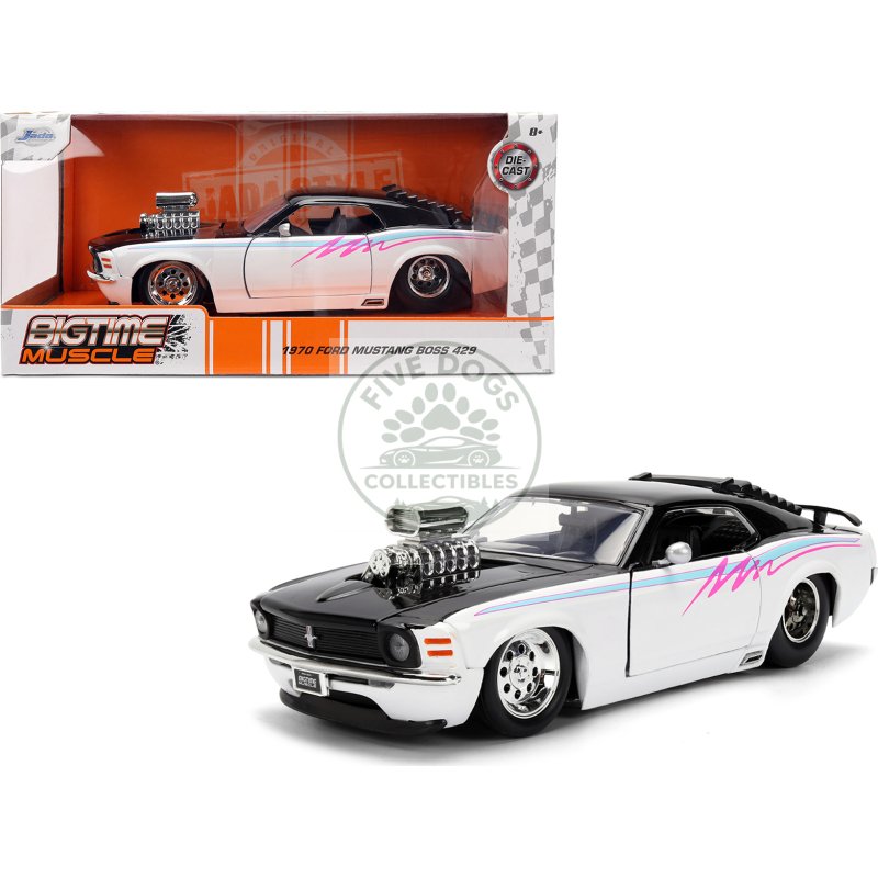 1970 ford mustang boss 429 black and white with graphics "bigtime muscle" series 1/24 diecast model car by jada