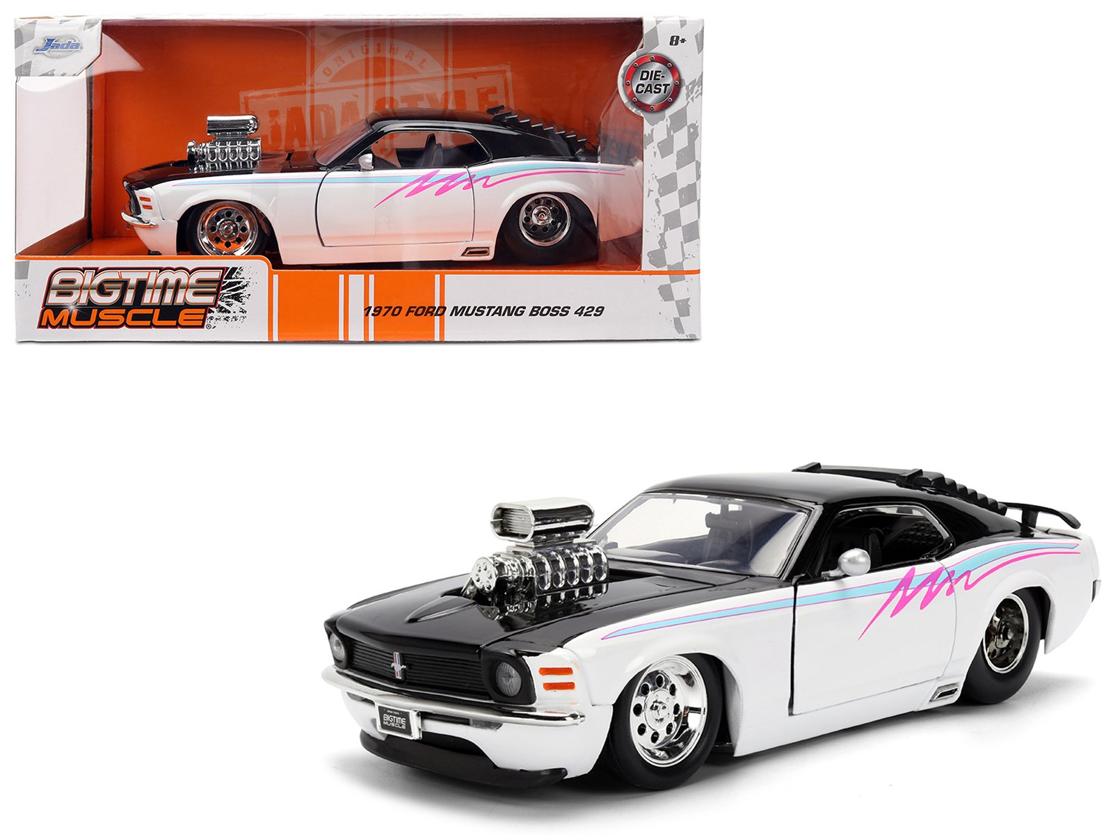 1970 ford mustang boss 429 black and white with graphics "bigtime muscle" series 1/24 diecast model car by jada 1970 ford mustang boss 429 black and white with graphics "bigtime muscle" series 1/24 diecast model car by jada