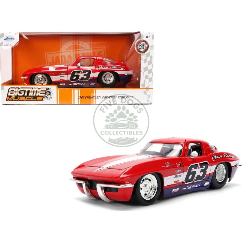 1963 chevrolet corvette stingray #63 "chevy racing" red with white and blue stripes "bigtime muscle" series 1/24 diecast model car by jada