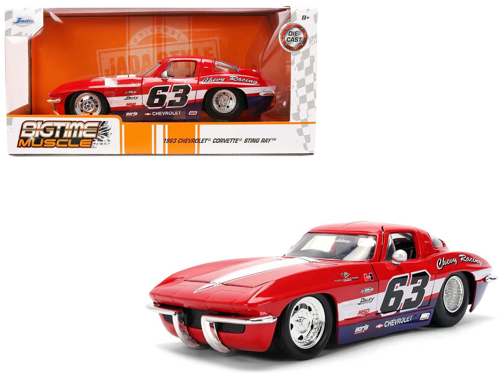 1963 chevrolet corvette stingray #63 "chevy racing" red with white and blue stripes "bigtime muscle" series 1/24 diecast model car by jada 1963 chevrolet corvette stingray #63 "chevy racing" red with white and blue stripes "bigtime muscle" series 1/24 diecast model car by jada